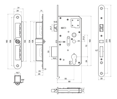 RICHTER vgradna samozaklepna ključavnica s funkcijo panike "E", za kroglično/ročajno okovje. Z.302-SZ.PA.KO.72/55/20.PL