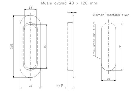 Školjka za drsna vrata ROSTEX ovalna 120x40 mm (MAT ČRNO)